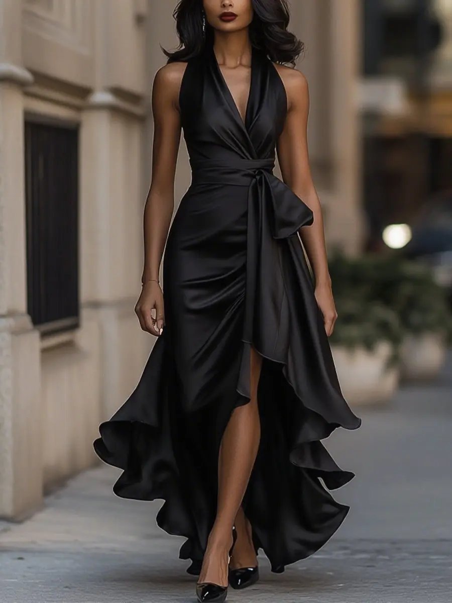 Flowy women's halter high-low dress with ruffles, a stylish wrap design for evening events.