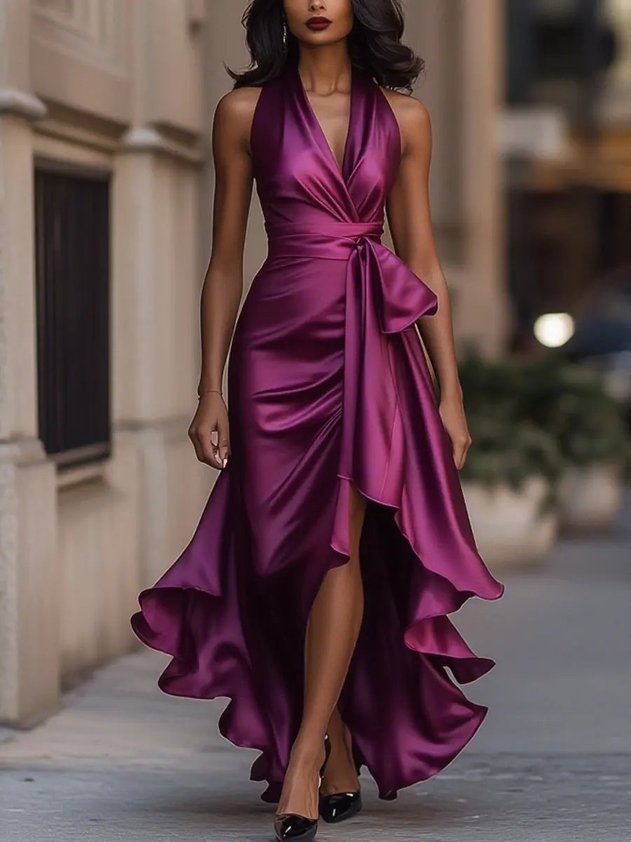Sophisticated women's halter high-low ruffle wrap dress, ideal for cocktail parties & formal occasions.