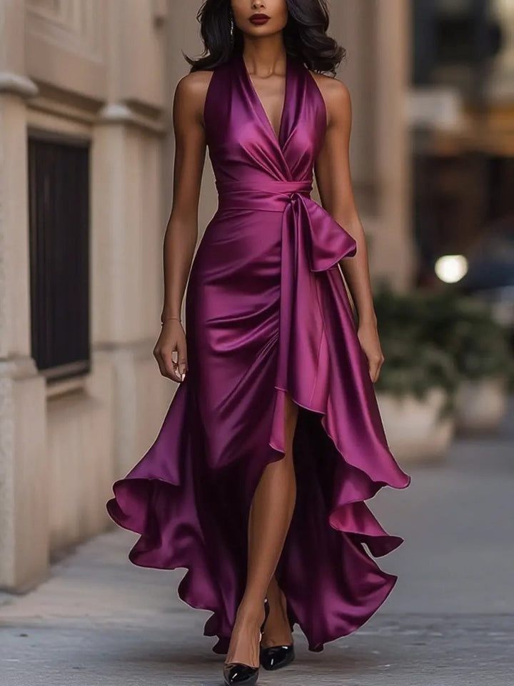 Sophisticated women's halter high-low ruffle wrap dress, ideal for cocktail parties & formal occasions.