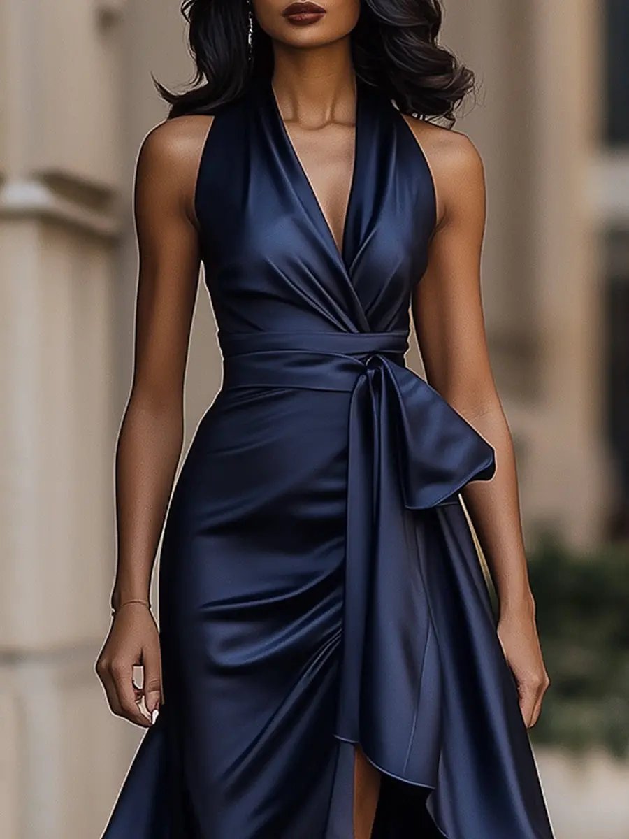 Stylish halter wrap dress for women featuring a high-low hem and delicate ruffles.