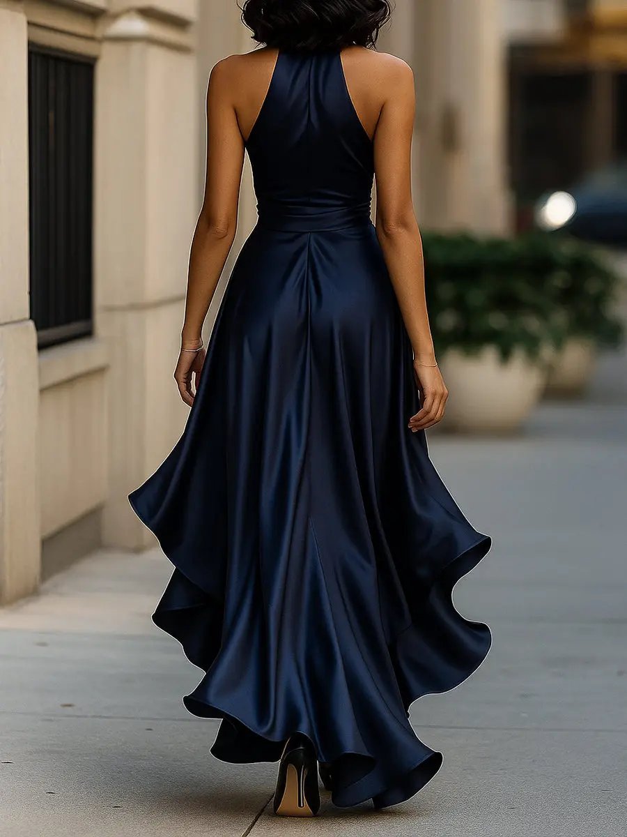 Formal women's halter wrap evening gown with high-low ruffle skirt, elegant for special occasions.