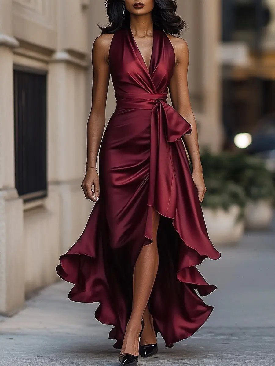 Versatile women's high-low ruffle party dress with a flattering halter wrap design.