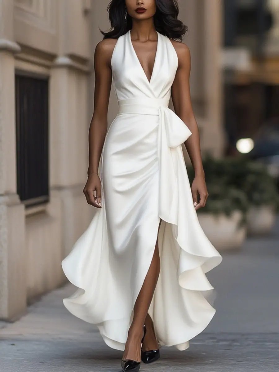 Modern women's halter high-low cocktail dress with ruffles and a flattering wrap style.