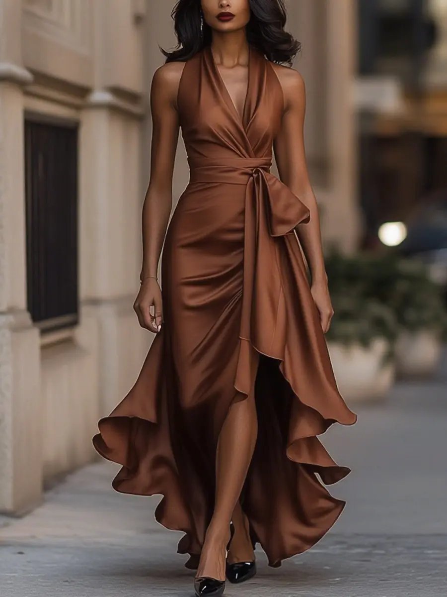 Beautiful high-low ruffle wrap dress, perfect for women's special occasion and party wear.