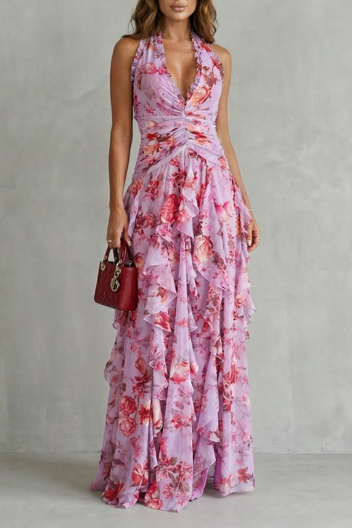 Elegant women's halter maxi dress with a romantic flowing style, perfect for summer evenings & special occasions.