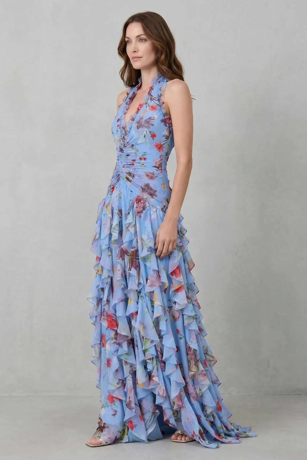 Stylish women's halter maxi dress with an elegant flowing design, a romantic sleeveless evening dress option.