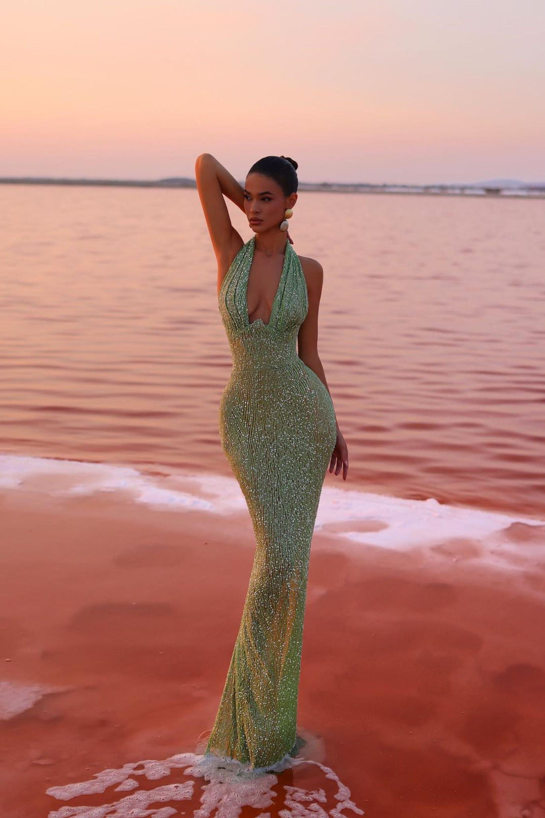 Formal green maxi dress for women, an elegant halter neck style with a flattering open back.
