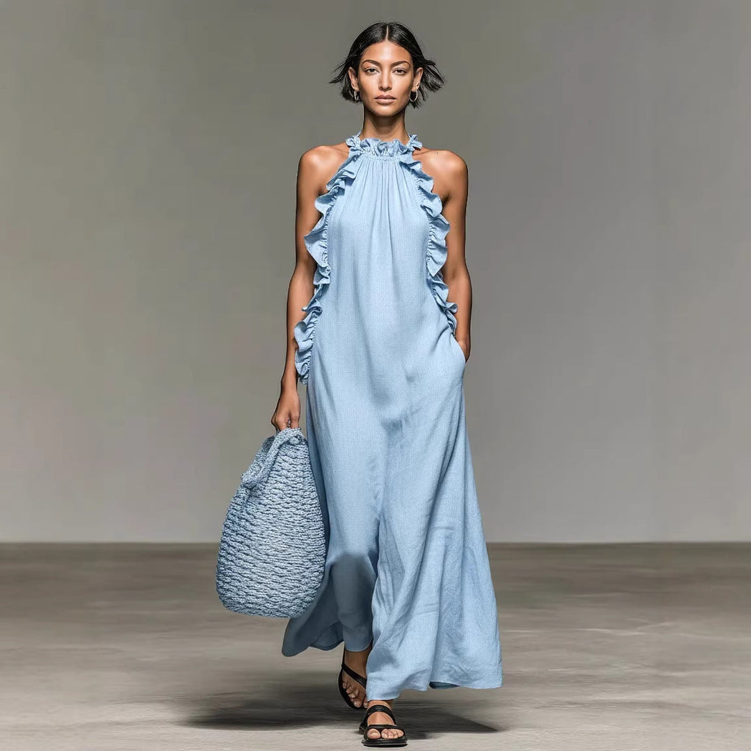 Elegant women's halter maxi dress with ruffle trim, perfect for summer vacations or chic casual wear.