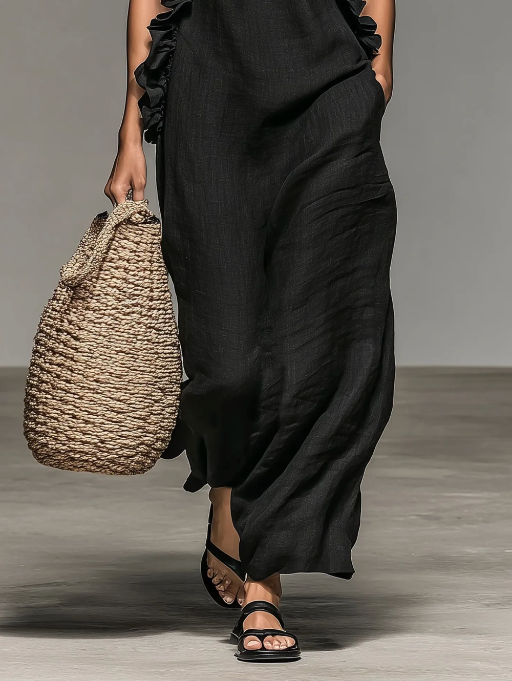Stylish women's elegant halter maxi dress with subtle ruffle trim, an ideal sleeveless vacation outfit.