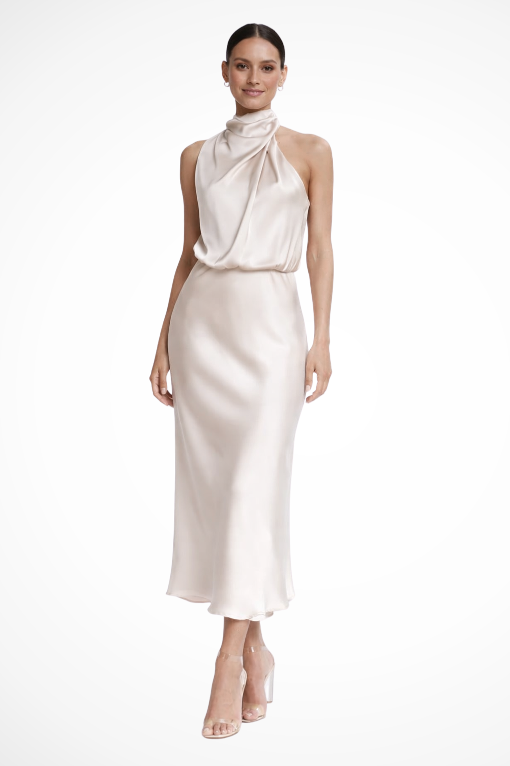 Elegant women's halter midi dress for wedding guests & formal parties.
