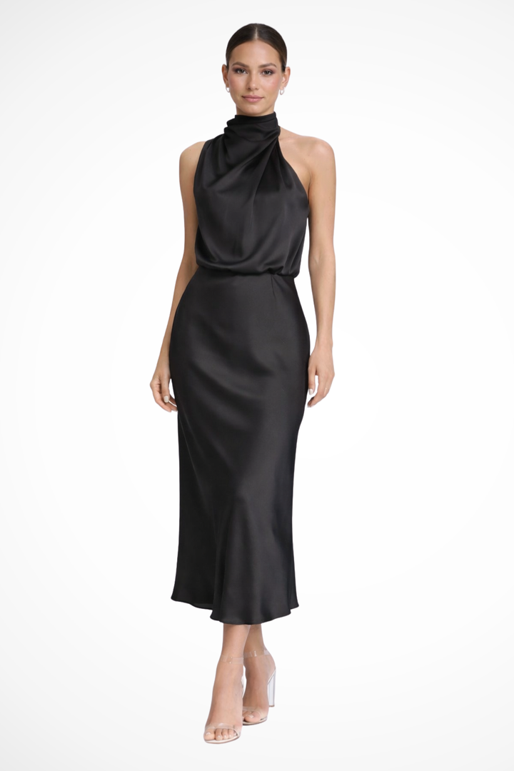 Sophisticated halter neck party dress, an elegant midi for women attending formal evening events.