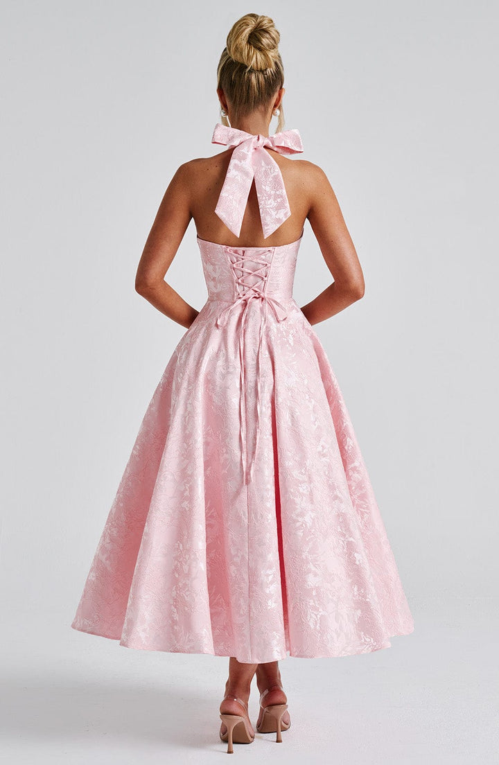Stylish elegant halter midi dress, a sophisticated choice for special occasions & events.
