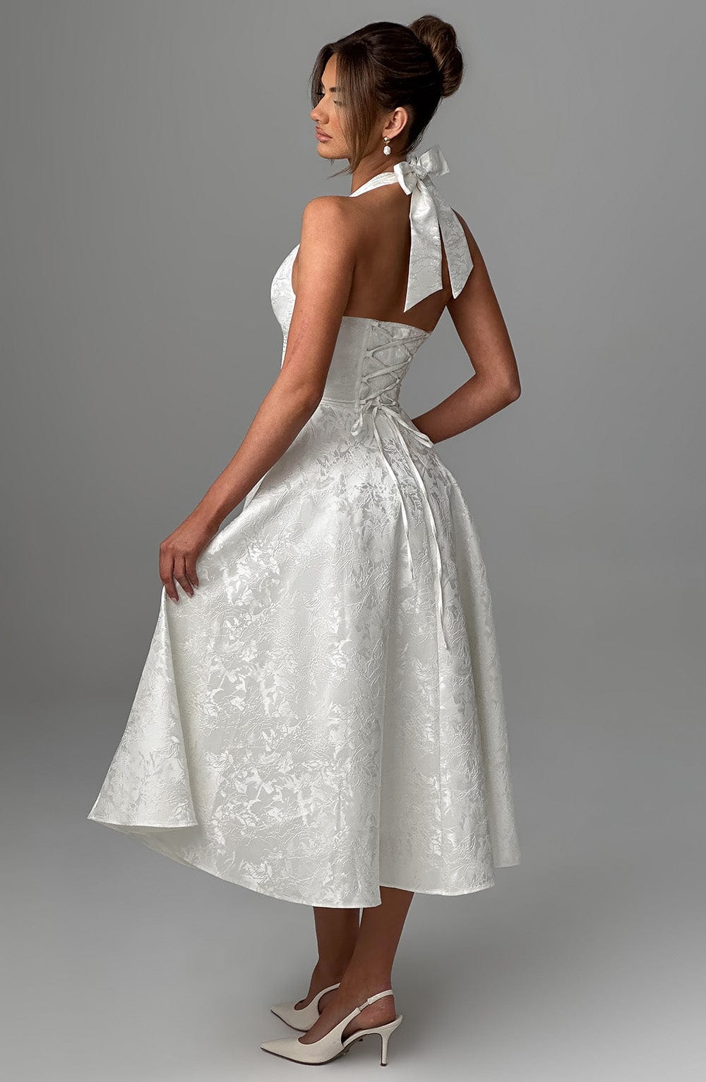 Flattering A-line halter midi dress for women, great for evening wear & special events.