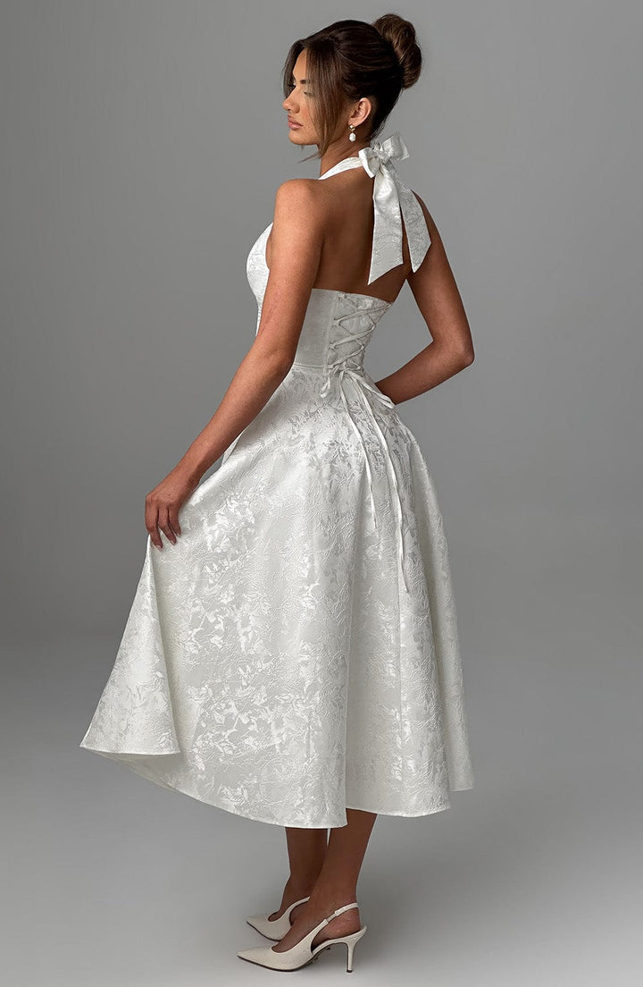 Flattering A-line halter midi dress for women, great for evening wear & special events.