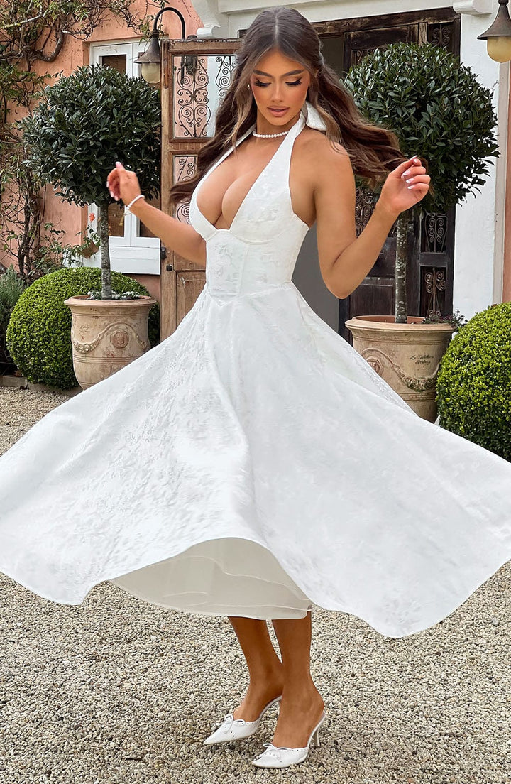 Formal women's halter midi dress with elegant design, ideal for special occasions.