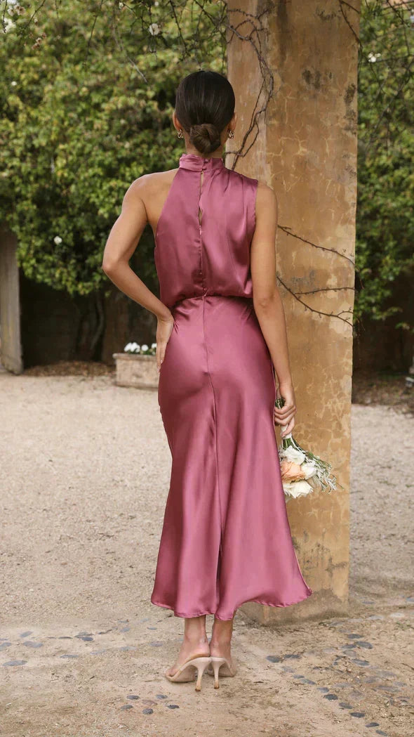 Formal women's halter midi dress, elegant & sophisticated with a draped neckline, for special occasions.