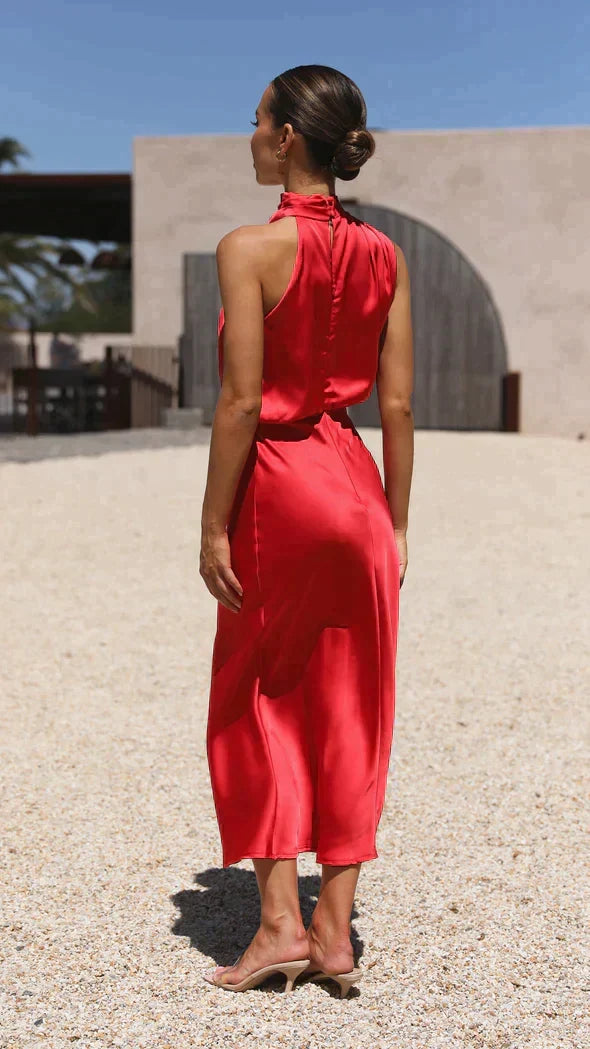 Stylish women's midi dress, halter neck & draped detail. Perfect for weddings, cocktail parties, evening wear.