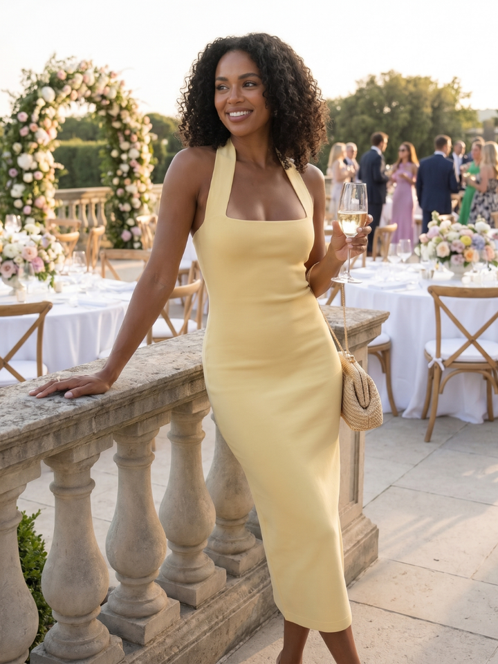 Fashionable women's occasion wear: an elegant halter neck bodycon midi dress for sophisticated style.