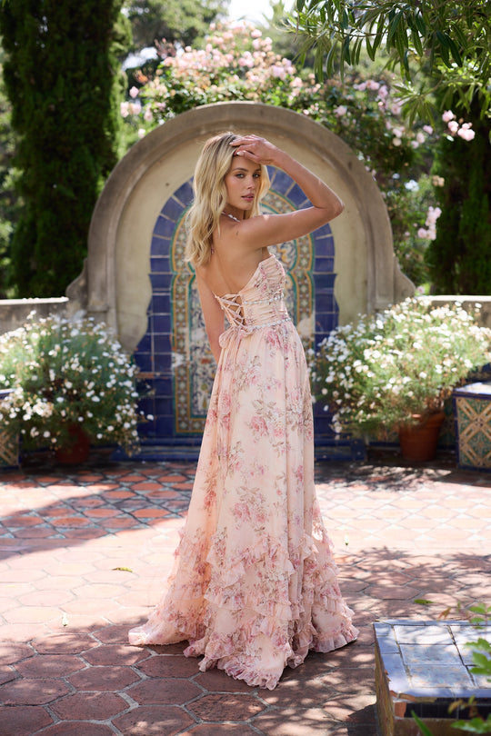 Stunning pink floral halter neck maxi dress for women. Elegant wedding guest or summer party dress, long & sleeveless.