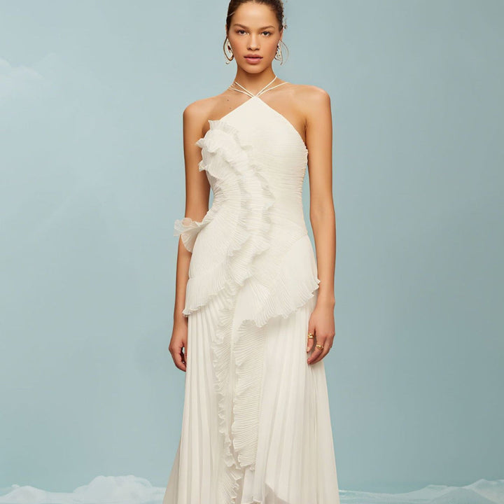 Sophisticated sleeveless floral maxi dress for women with a halter neck. Flowy design for summer vacation or formal events.