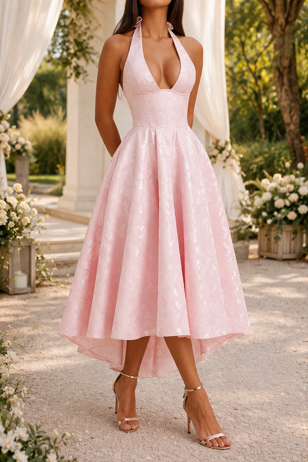 Elegant women's halter neck jacquard midi dress, perfect for special occasions & formal events.