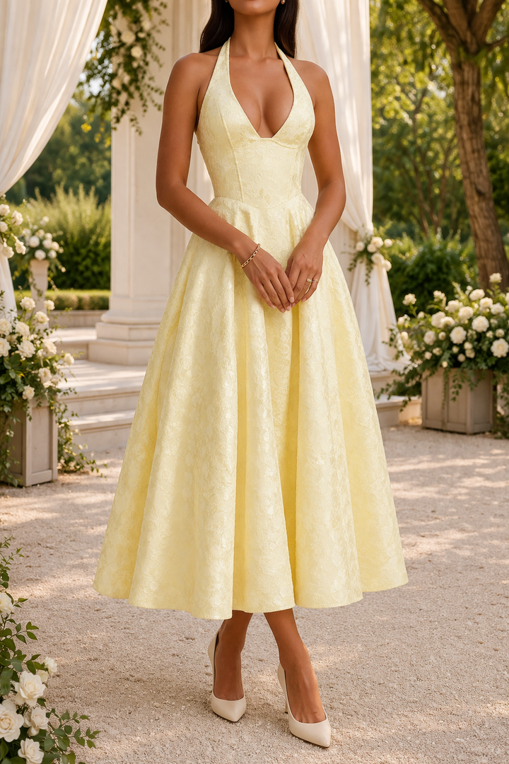 Sophisticated jacquard halter neck midi dress for women, an elegant choice for summer special occasions.