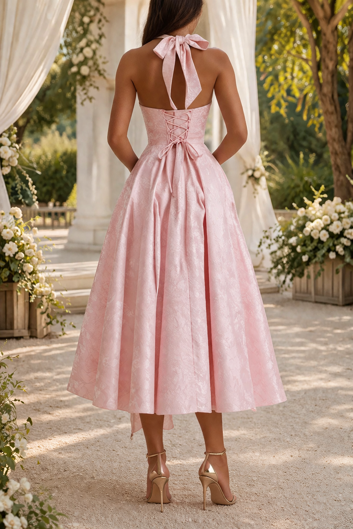 Women's formal halter neck jacquard midi dress, a stunning party dress for any special event.