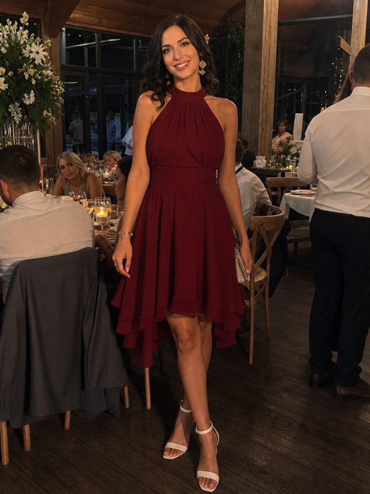 Stylish women's halter neck knee length dress with a chic layered hem, a comfortable and elegant summer choice.