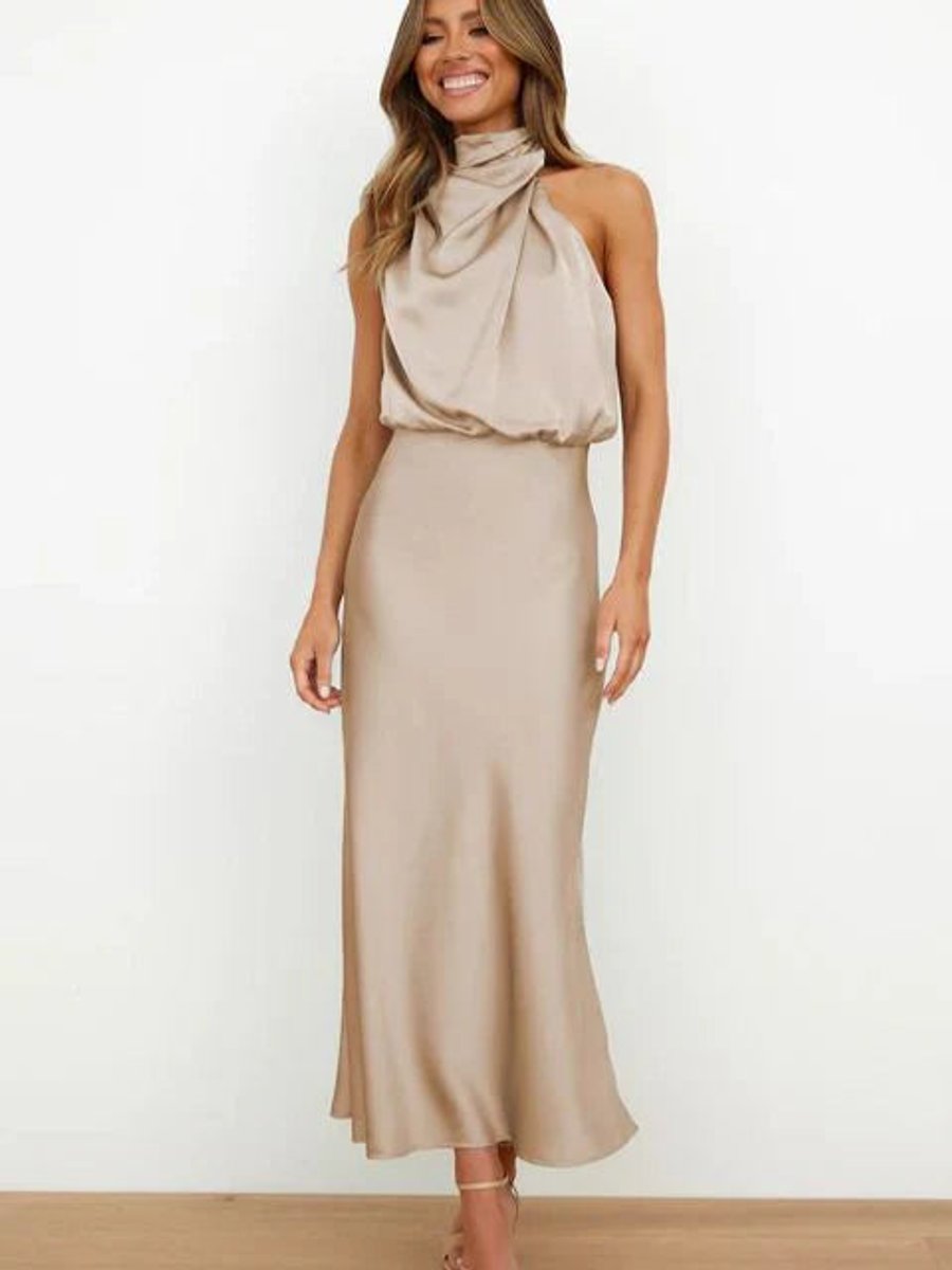 Sleeveless halter midi dress for women, ideal as a wedding guest or formal evening party gown.