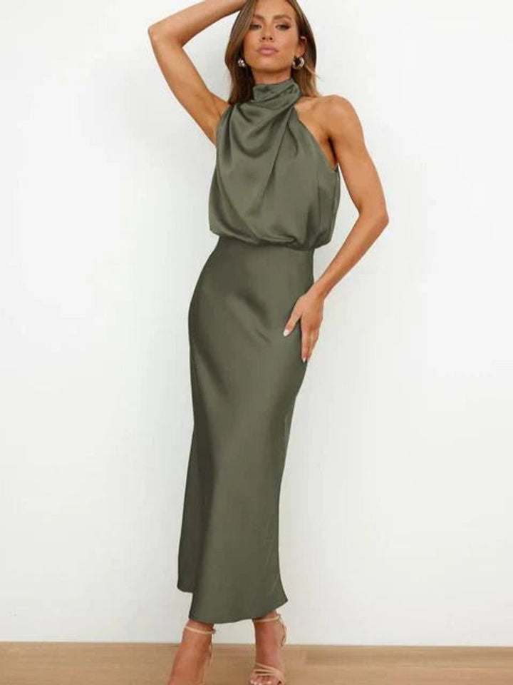 Chic halter-neck midi dress for women, an elegant choice for cocktail parties, evening events, and formal occasions.