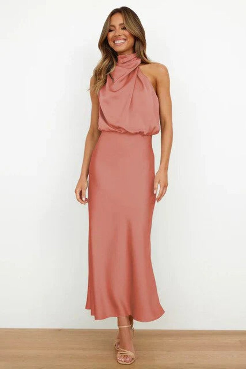 Sophisticated women's midi halter cocktail dress, comfortable & stylish for any special occasion or formal event.