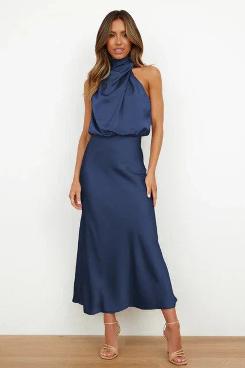 Beautiful women's halter-neck midi dress, a versatile elegant gown for cocktails, parties, or evening wear.