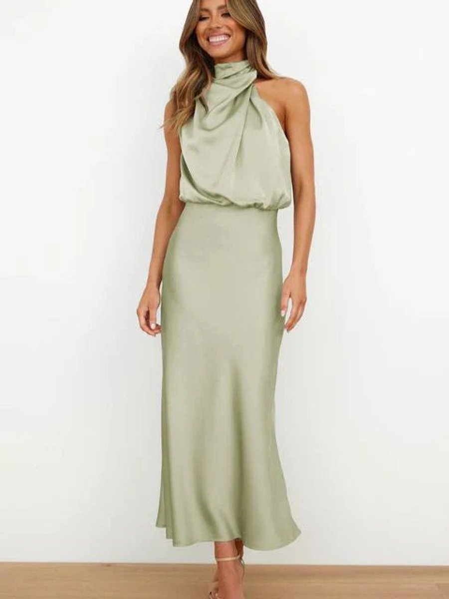 A-line halter-neck midi cocktail dress for women, an elegant and flattering choice for formal evening events.