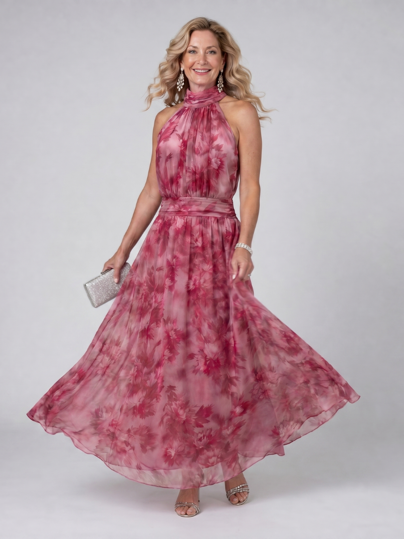 Chic women's halter neck midi dress; flowing, comfortable style. Ideal for elegant summer fashion & occasion wear.