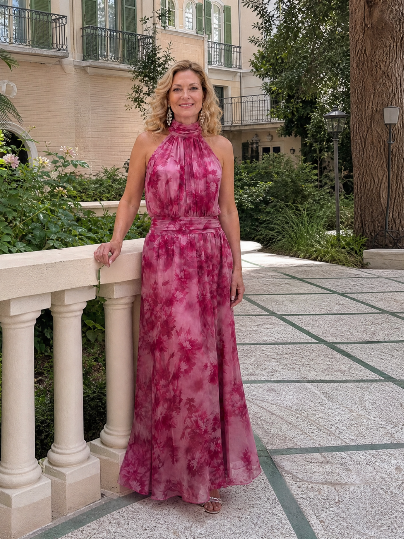 Women's flowing halter neck midi dress. Elegant and comfortable for summer fashion & occasion wear.