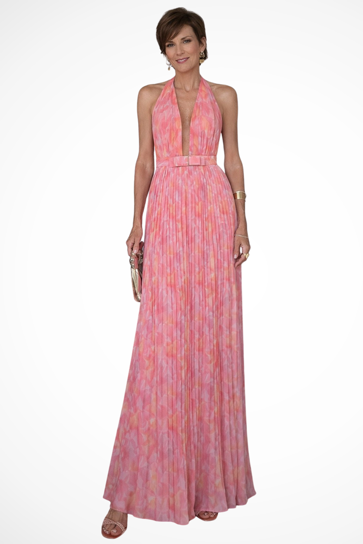 Elegant women's halter neck pleated maxi dress, perfect for wedding guests & formal evening events.