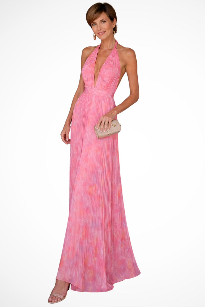 Sophisticated pleated halter maxi dress, a stylish choice for women's evening wear, parties & wedding guests.