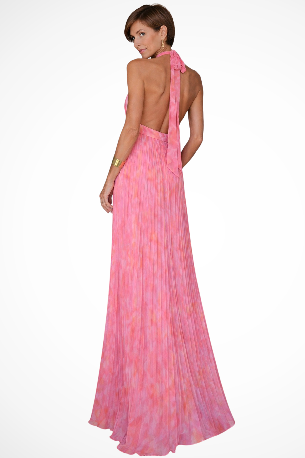 Women's formal halter neck pleated maxi dress, an elegant option for wedding guests, galas, and special events.