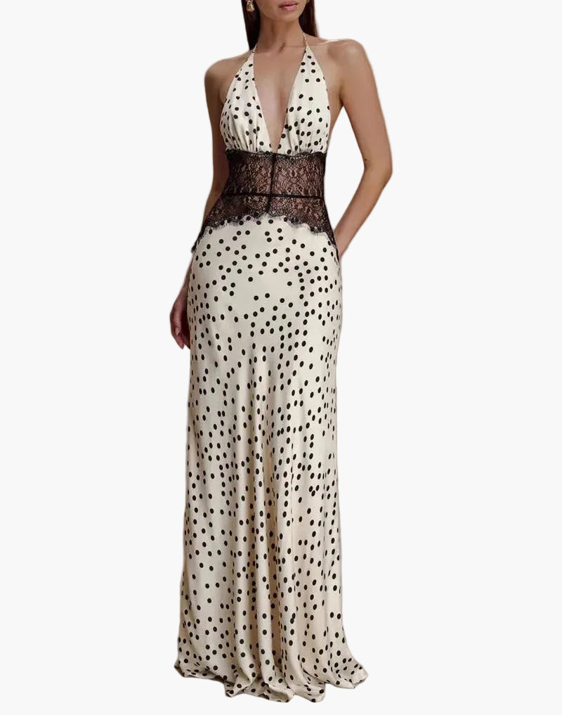 Comfortable women's polka dot halter maxi dress, ideal for elegant summer events or everyday style.