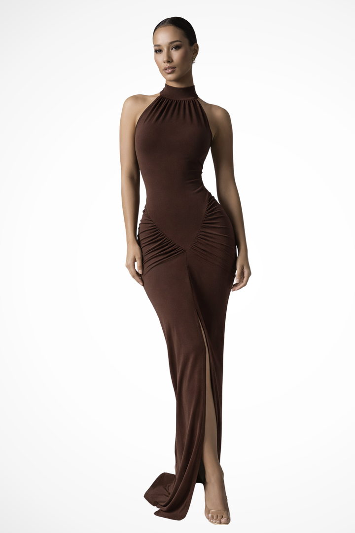 Elegant women's maxi dress with halter neckline, ruched body & sophisticated side slit, for formal wear.