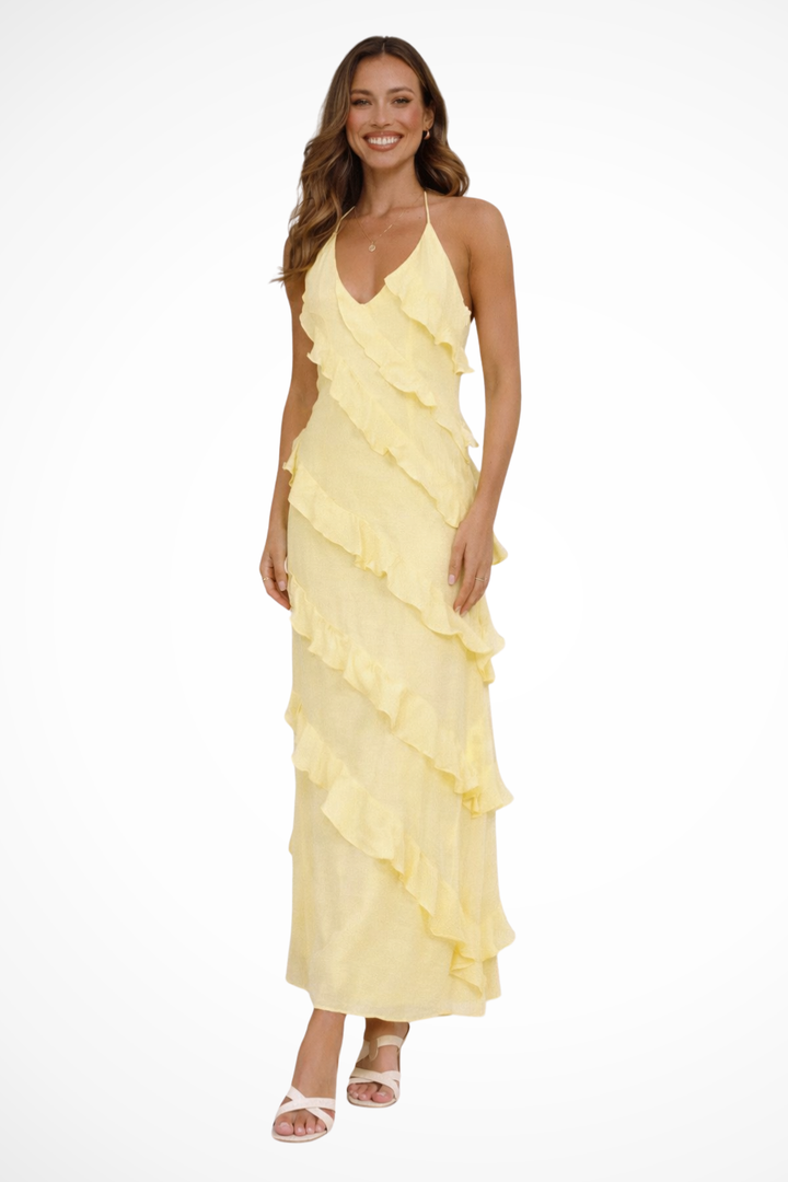 Elegant women's halter neck ruffle summer maxi dress, perfect for beach wear & vacation.