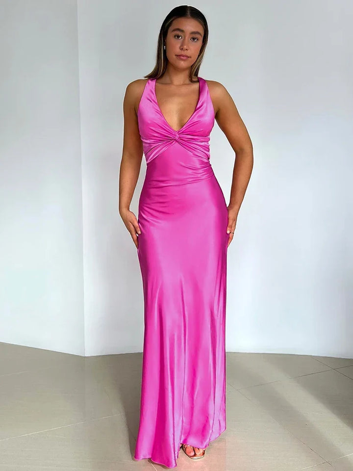 Elegant women's halter neck satin maxi evening gown, perfect for formal events & special occasions.