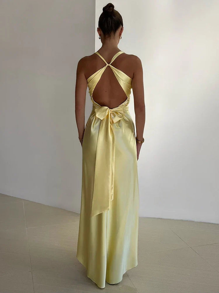 Formal satin maxi dress for women; an elegant wedding guest, party, or special occasion evening gown.