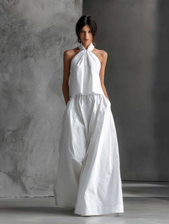 Coordinated women's halter neck two-piece set, a chic summer outfit for beach, resort, or vacation.