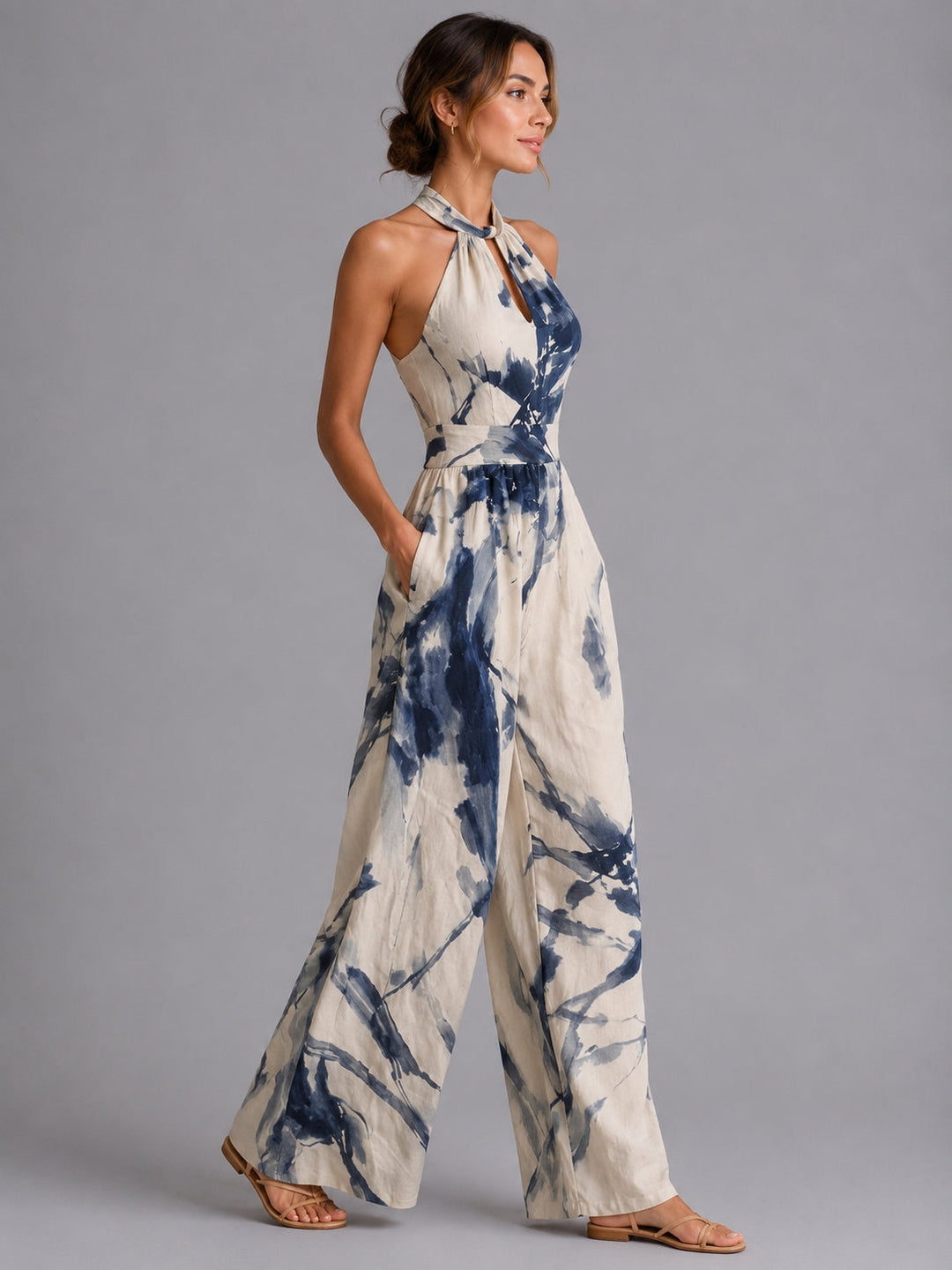 Comfortable women's wide-leg halter jumpsuit, ideal for spring outfits or relaxed summer fashion.