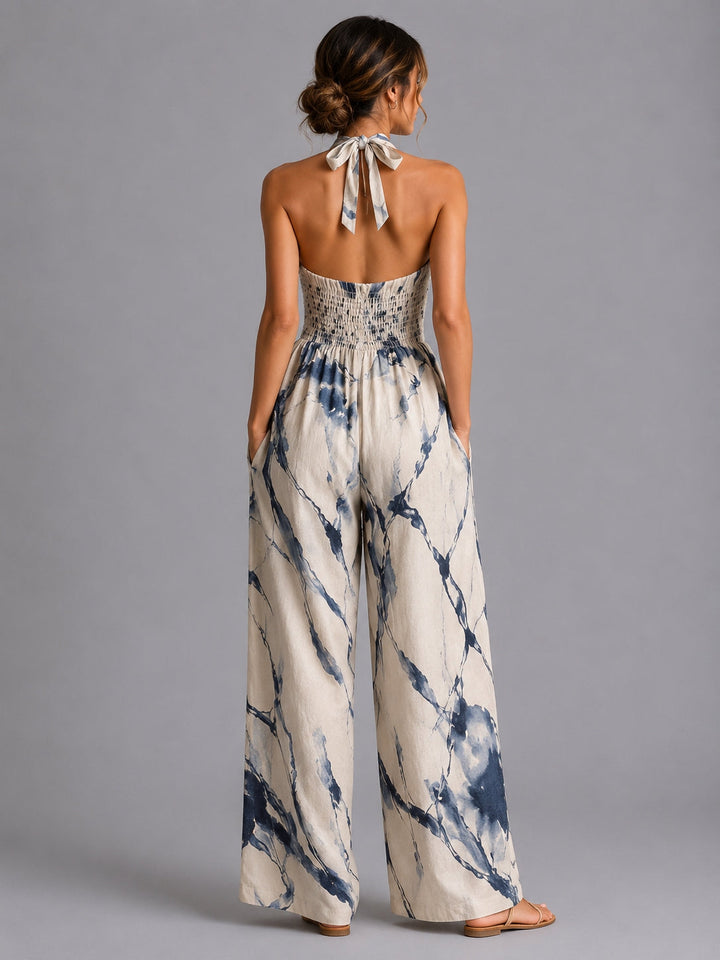 Chic women's halter wide-leg printed jumpsuit, a comfortable and elegant choice for spring and summer fashion.