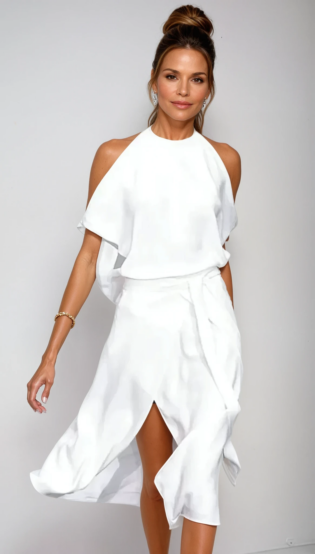 Elegant women's halter neck wrap midi dress for special occasions. Perfect formal evening wear or cocktail party.