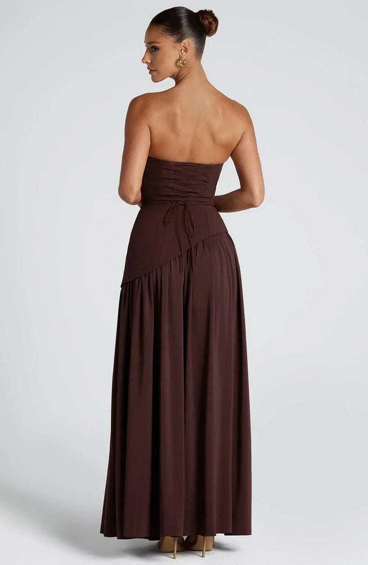 Beautiful special occasion dress: long halterneck gown with a chic high leg slit.