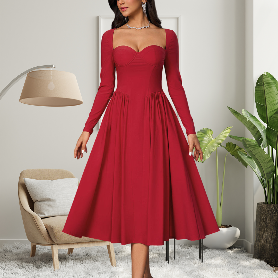 Elegant women's heart neckline long sleeve maxi dress. Perfect for evening wear or formal events, a timeless ladies fashion.
