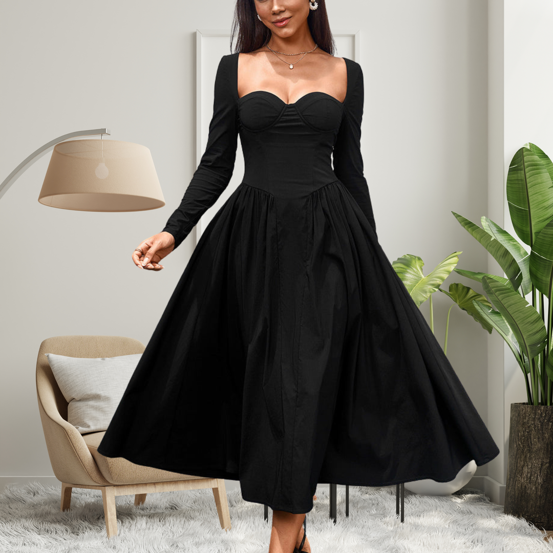 Stylish long sleeve maxi dress for women, featuring a unique heart neckline. Versatile for both casual & formal events.